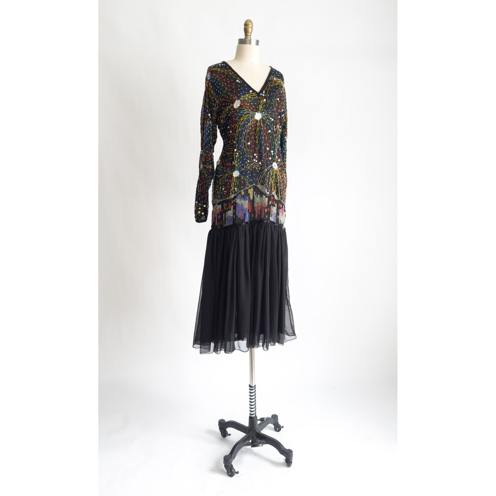 Judith Ann Creations vtg black‎ silk hand beaded fireworks dress S-M - Picture 5 of 9